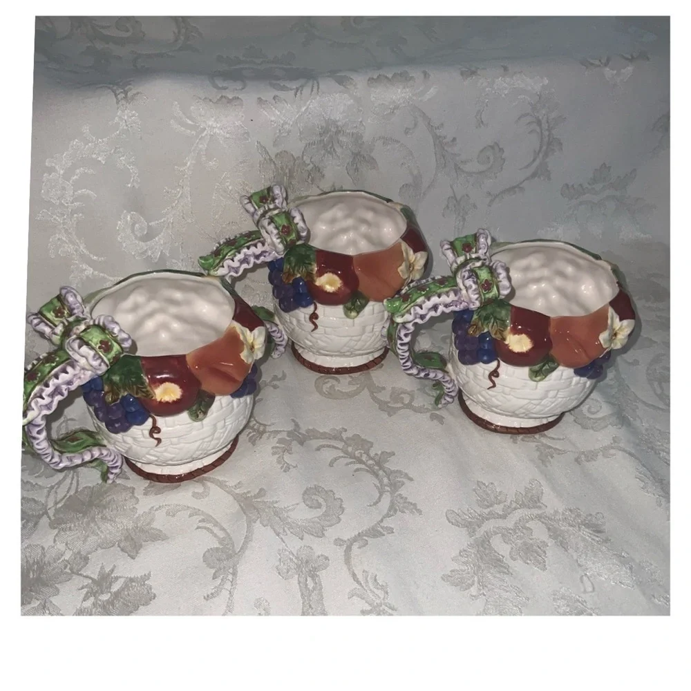 Tea For 3~Vintage 1970’s Colorful Fruit In A Basket~Ceramic Tea Pot & Three Cups